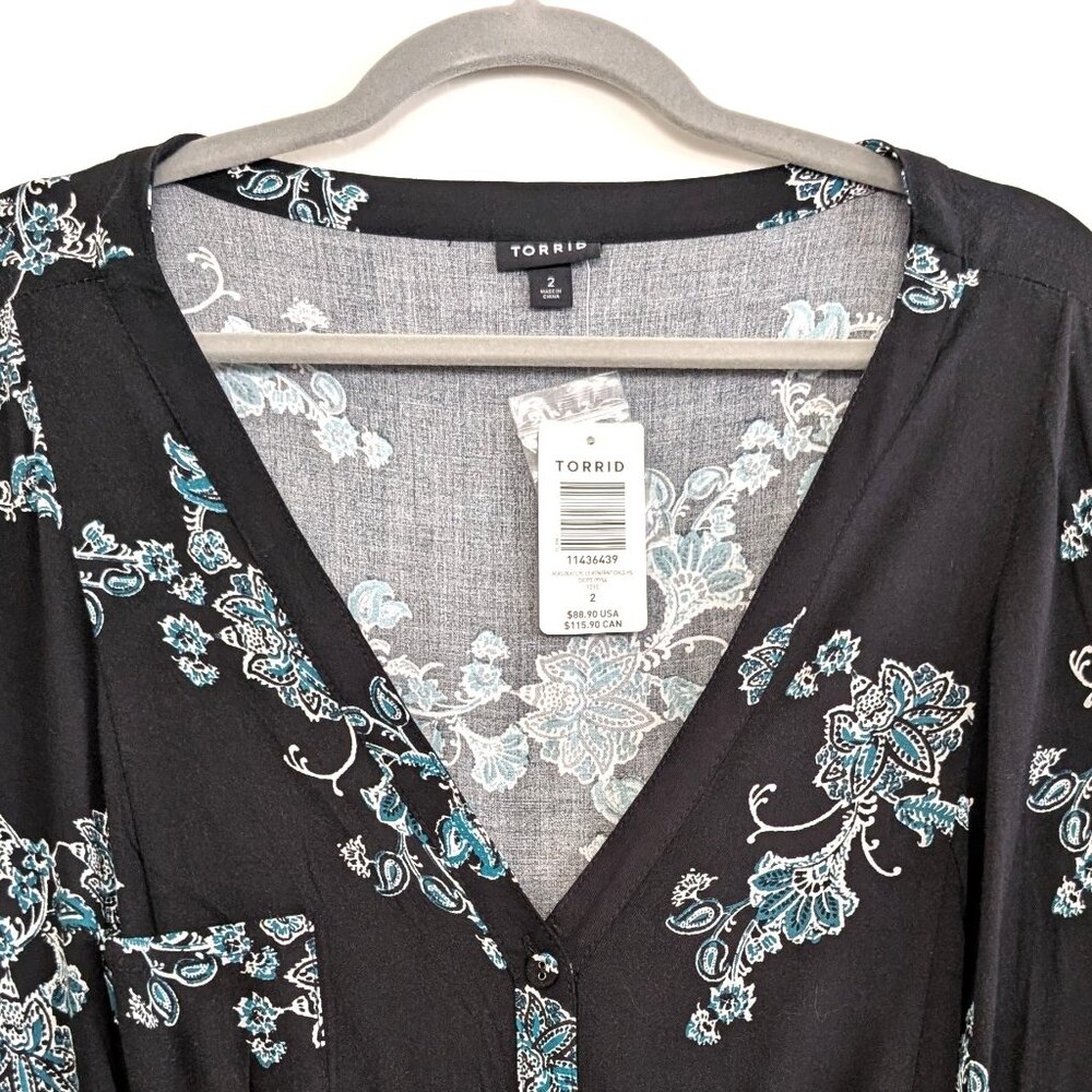 TORRID Dress 2 Black Floral Maxi High Low Hem V Neck 3/4 Sleeve Button Front - Picture 4 of 16